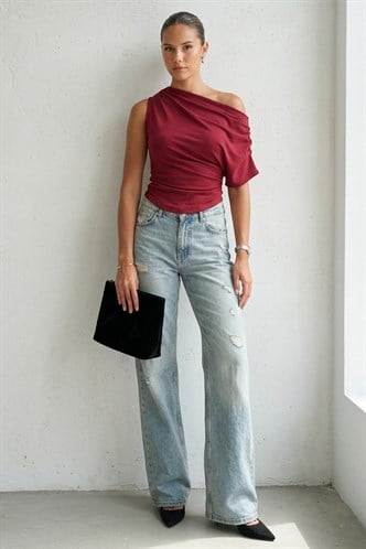 Bordo Tek Omuz Modern Kesim Şık Kadın Bluz MG2669