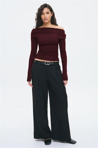 Bordo Kadın Off Shoulder Uzun Kollu Bluz MG2567