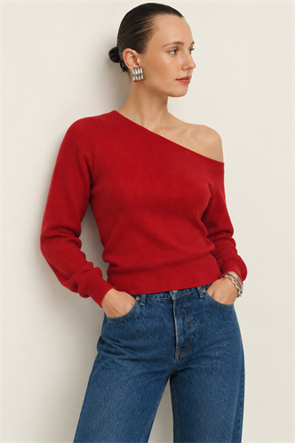 Kırmızı Modern Kayık Yaka Triko Bluz MG2804