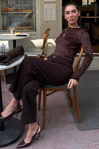 Kahverengi Transparan Kadife Dokulu Kadın Bluz MG2730