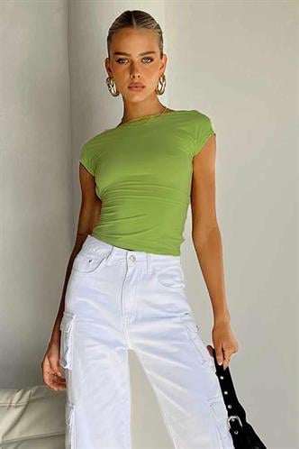 Yeşil Sırt Dekolteli Crop Kadın Bluz MG1851