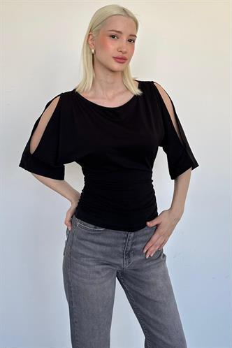 Siyah Belden Büzgülü Yarasa Kollu Açık Omuz Bluz MG2672