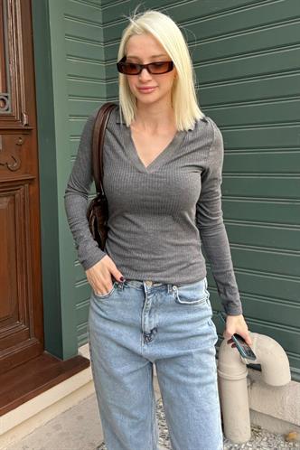Antrasit  Polo Yaka Fitilli Kadın Body MG2566