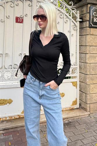 Siyah Polo Yaka Fitilli Kadın Body MG2566