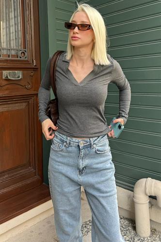 Antrasit  Polo Yaka Fitilli Kadın Body MG2566
