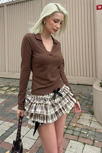 Acı Kahve Polo Yaka Fitilli Kadın Body MG2566