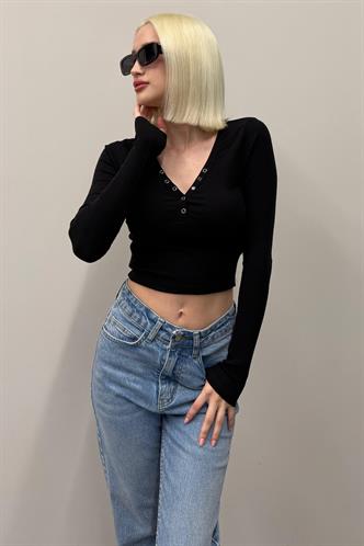 Siyah V Yaka Uzun Kollu Düğme Detaylı Kaşkorse Bodysuit MG2194