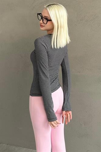 Siyah Çizgili Uzun Kollu Kadın Body MG2657