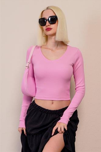 Pembe V Yaka Uzun Kollu Kaşkorse Bodysuit MG2192