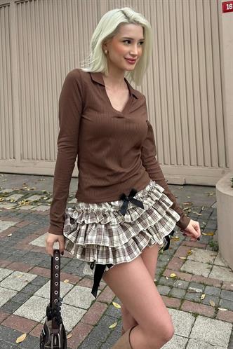 Acı Kahve Polo Yaka Fitilli Kadın Body MG2566