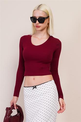 Bordo V Yaka Uzun Kollu Kaşkorse Body MG2192
