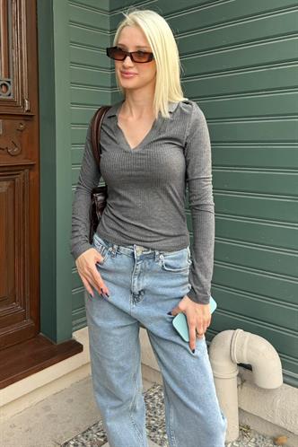 Antrasit  Polo Yaka Fitilli Kadın Body MG2566