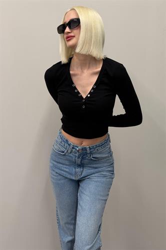 Siyah V Yaka Uzun Kollu Düğme Detaylı Kaşkorse Bodysuit MG2194