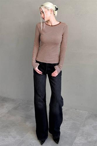 Kahverengi Çizgili Uzun Kollu Kadın Body MG2657