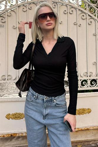 Siyah Polo Yaka Fitilli Kadın Body MG2566