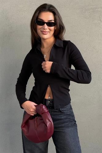 Siyah Polo Yaka Çift Fermuarlı Slim Fit Kadın Body MG2652