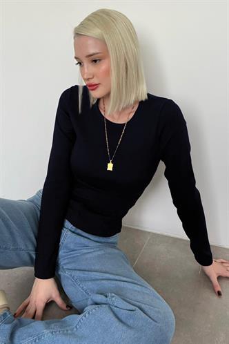 Lacivert Bisiklet Yaka Slim Fit Kadın Body MG2564