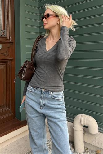 Antrasit  Polo Yaka Fitilli Kadın Body MG2566