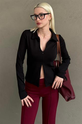 Siyah Polo Yaka Çift Fermuarlı Slim Fit Kadın Body MG2652