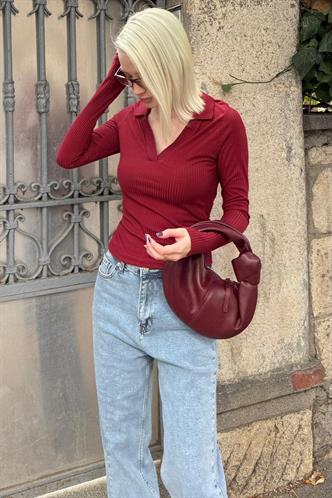 Bordo Polo Yaka Fitilli Kadın Body MG2566
