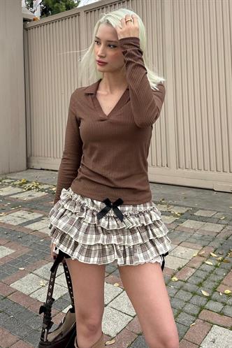 Acı Kahve Polo Yaka Fitilli Kadın Body MG2566