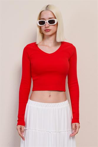 Kırmızı V Yaka Uzun Kollu Kaşkorse Body MG2192