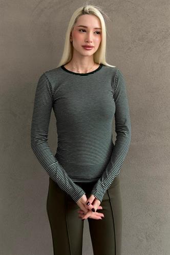 Yeşil Çizgili Uzun Kollu Kadın Body MG2657
