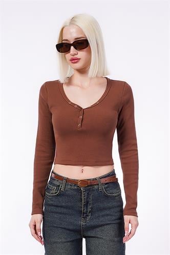Acı Kahverengi V Yaka Uzun Kollu Düğme Detaylı Kaşkorse Bodysuit MG2194
