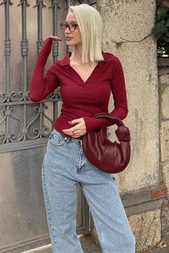 Bordo Polo Yaka Fitilli Kadın Body MG2566