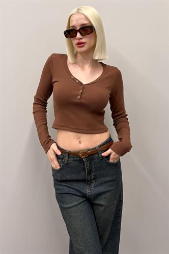 Acı Kahverengi V Yaka Uzun Kollu Düğme Detaylı Kaşkorse Bodysuit MG2194