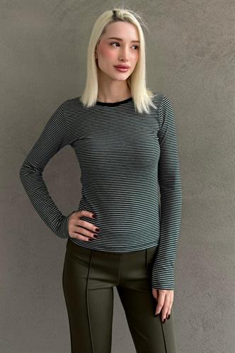 Yeşil Çizgili Uzun Kollu Kadın Body MG2657
