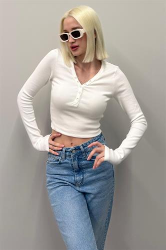 Beyaz V Yaka Uzun Kollu Düğme Detaylı Kaşkorse Bodysuit MG2194