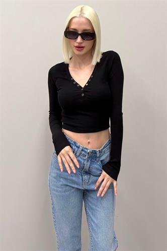 Siyah V Yaka Uzun Kollu Düğme Detaylı Kaşkorse Bodysuit MG2194