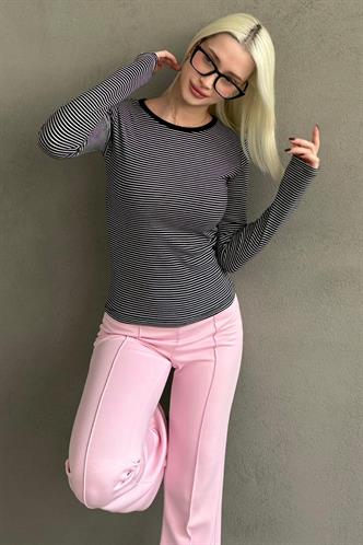 Siyah Çizgili Uzun Kollu Kadın Body MG2657