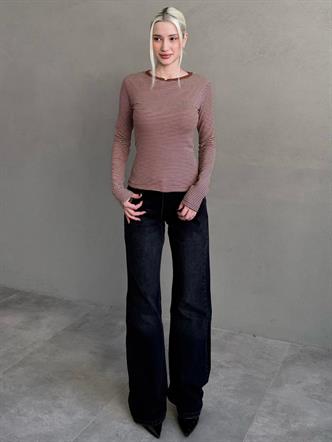 Kahverengi Çizgili Uzun Kollu Kadın Body MG2657