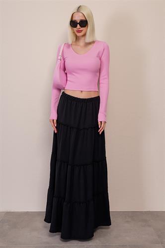 Pembe V Yaka Uzun Kollu Kaşkorse Bodysuit MG2192