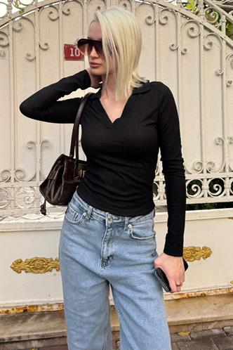 Siyah Polo Yaka Fitilli Kadın Body MG2566