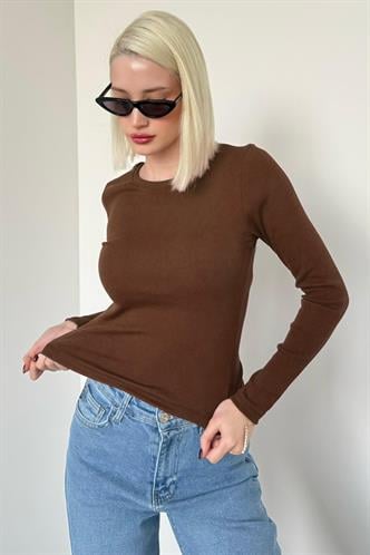 Kahverengi Bisiklet Yaka Slim Fit Kadın Body MG2564