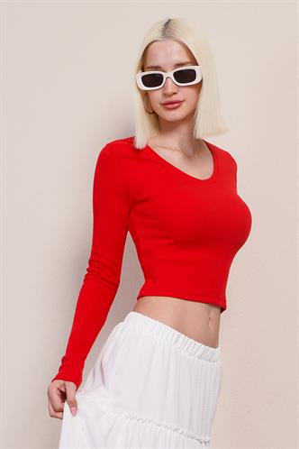 Kırmızı V Yaka Uzun Kollu Kaşkorse Body MG2192