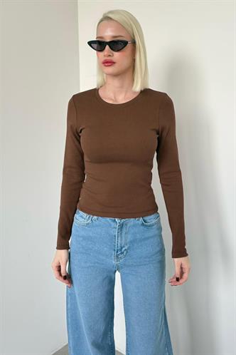 Kahverengi Bisiklet Yaka Slim Fit Kadın Body MG2564