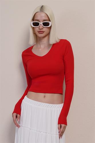 Kırmızı V Yaka Uzun Kollu Kaşkorse Body MG2192