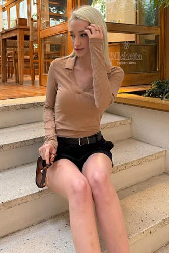 Bej Polo Yaka Fitilli Kadın Body MG2566