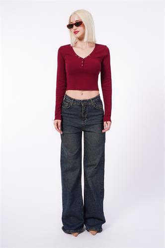 Bordo V Yaka Uzun Kollu Düğme Detaylı Kaşkorse Bodysuit MG2194