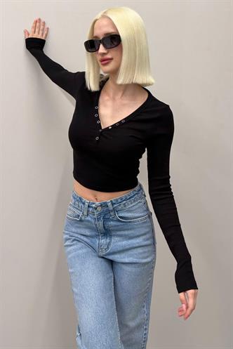 Siyah V Yaka Uzun Kollu Düğme Detaylı Kaşkorse Bodysuit MG2194