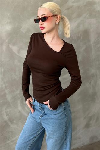 Kahverengi Asimetrik Yaka Kadın Body Mg2311