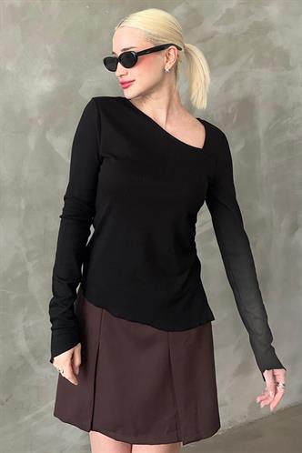 Siyah Asimetrik Yaka Kadın Body Mg2311