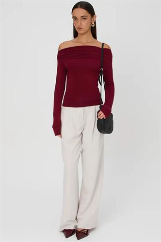 Bordo Kayık Yaka Büzgülü Kadın Bluz MG2050