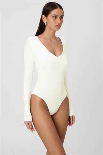 Beyaz V Yaka Uzun Kol Esnek Kumaş Bodysuit MG2132