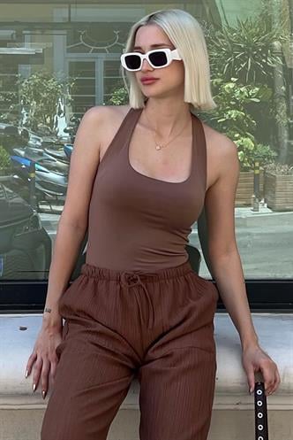 Kahverengi Halter Yaka Boyun Askılı Crop Body MG2146
