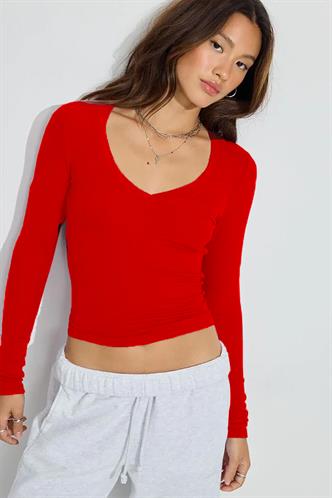 Kırmızı V Yaka Uzun Kollu Kaşkorse Body MG2192